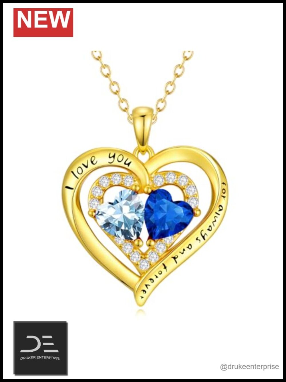 14K Gold Double Heart Birthstone Necklace I Love You Gift for Wife Her